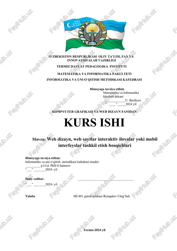 web dizayn, web saytlar interaktiv ilovalar yoki mobil interfeyslar tashkil etish bosqichlari — DOCX