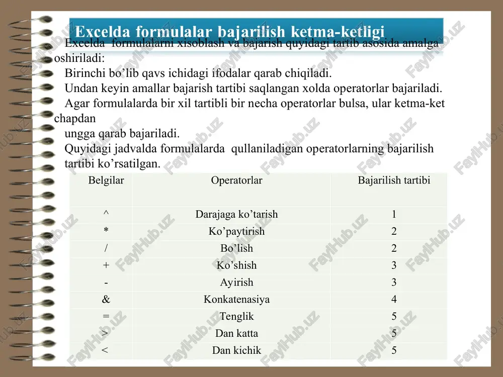 excelda formulalar bajarilish ketma-ketligi — PPT