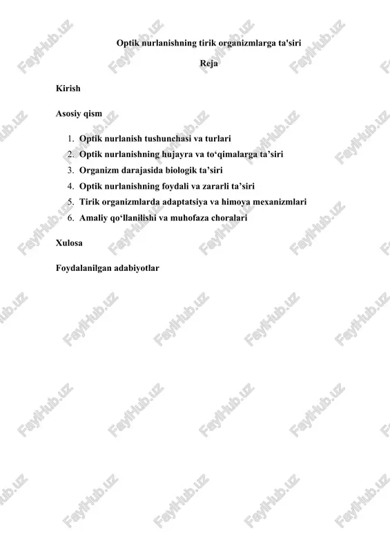 optik nurlanishning tirik organizmlarga ta'siri — DOCX