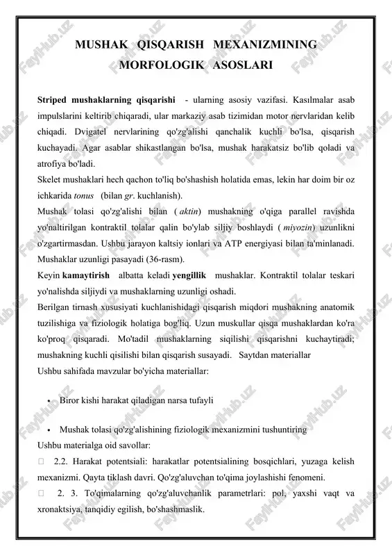 mushak qisqarish mexanizmining morfologik asoslari — DOCX