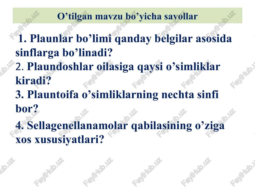 o’tilgan mavzu bo’yicha savollar — PPT