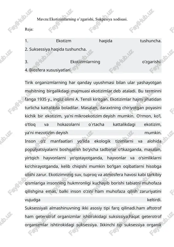 ekotizim va suksessiya — DOCX