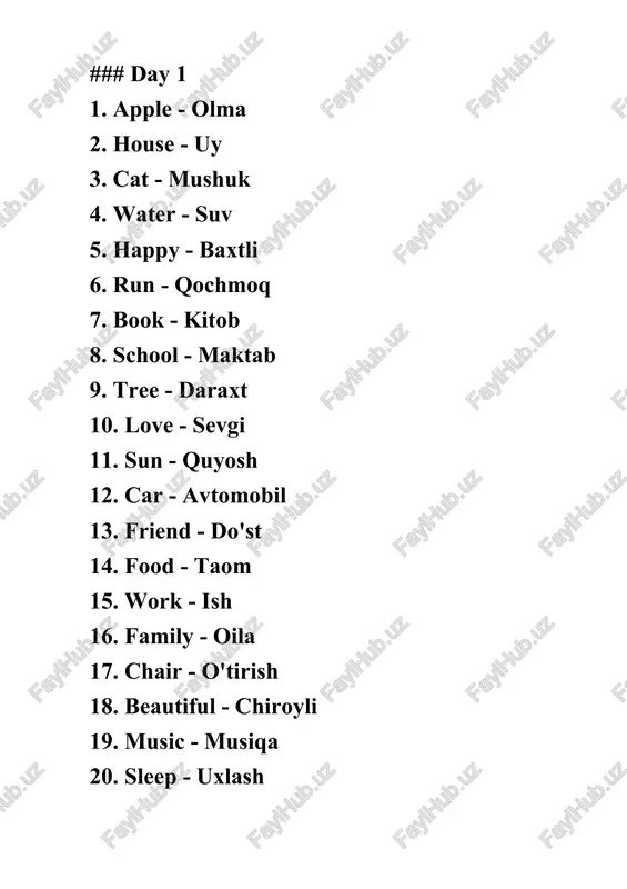 ingliz tilidan so'z yodlash uchun 150 kunlik yangi so'zlar ro'yxati — DOCX