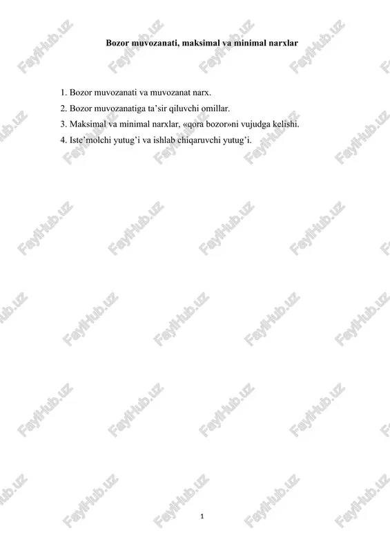 bozor muvozanati, maksimal va minimal narxlar — DOCX