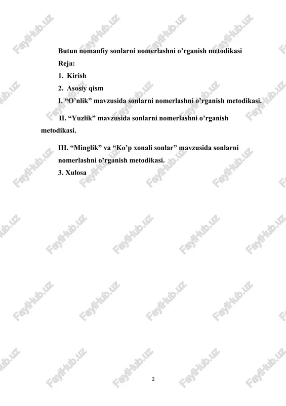 butun nomanfiy sonlarni nomerlashni o’rganish metodikasi — DOCX