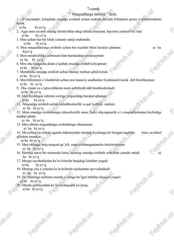"maqsadlarga intilish" testi — DOCX