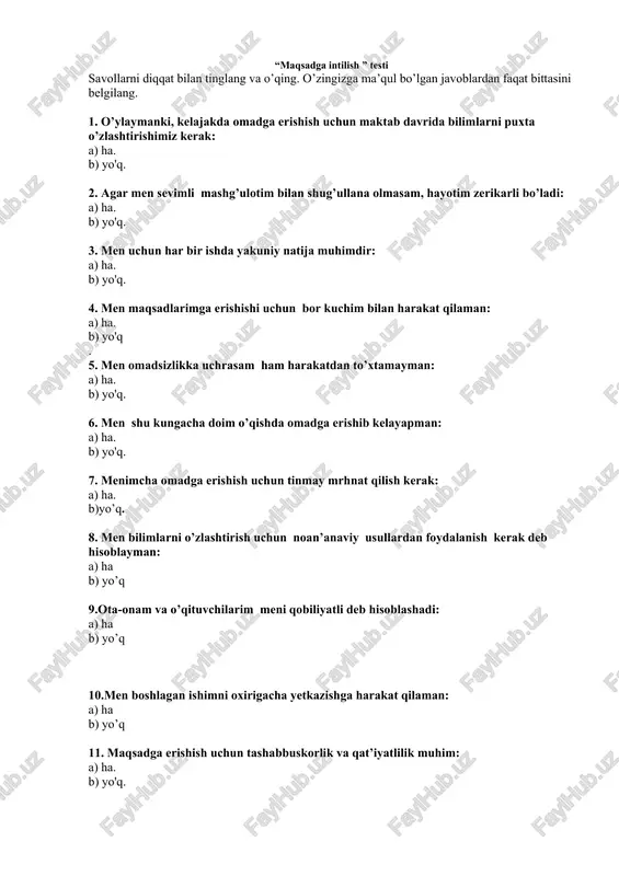 “maqsadga intilish ” testi — DOCX