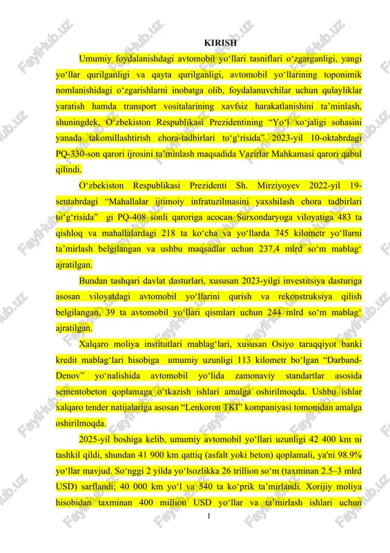 "avtomobil yo'llari tasniflari" — DOC