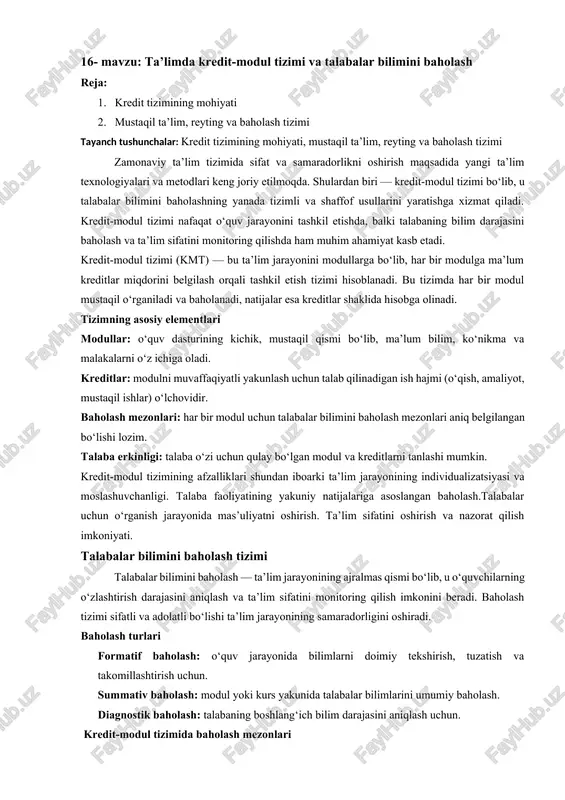 ta’limda kredit-modul tizimi va talabalar bilimini baholash — DOCX