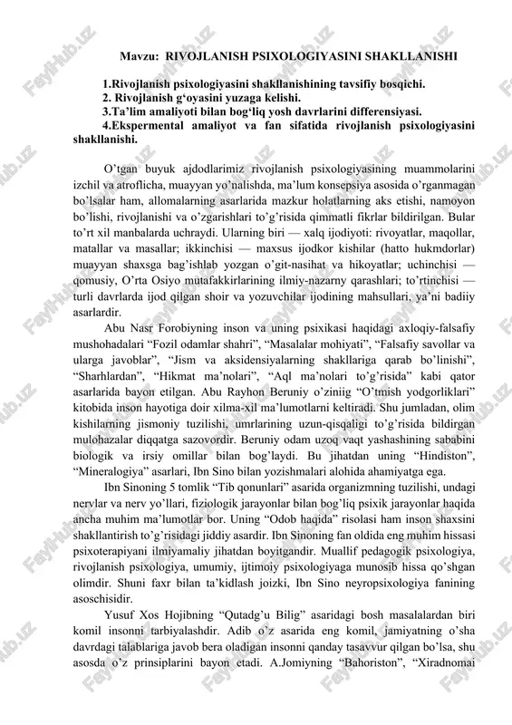 rivojlanish psixologiyasini shakllanishi — DOCX