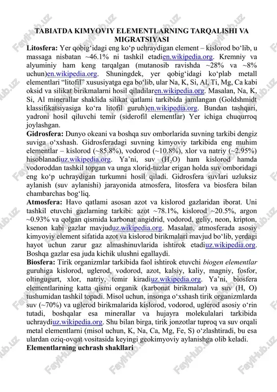 tabiatda kimyoviy elementlarning tarqalishi va migratsiyasi — DOCX