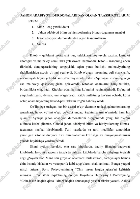 jahon adabiyoti durdonalaridan olgan taassurotlarim — DOCX
