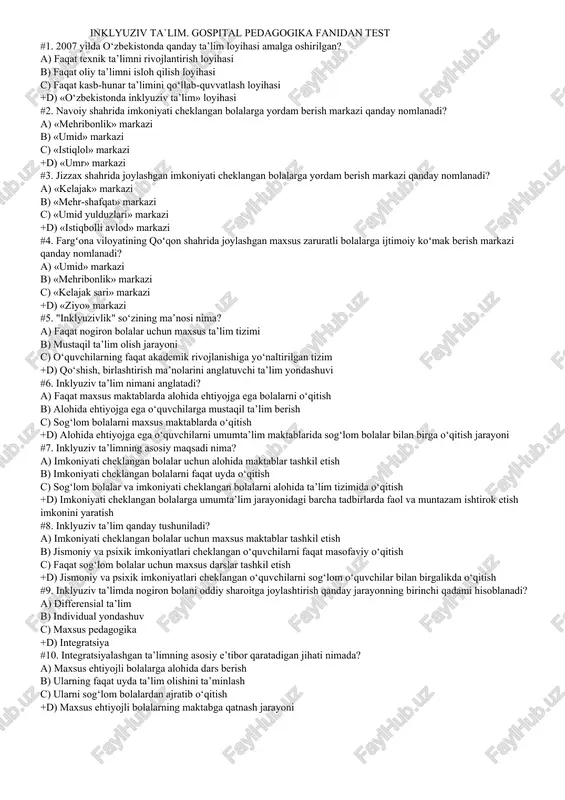 inklyuziv ta`lim. gospital pedagogika fanidan test — DOCX