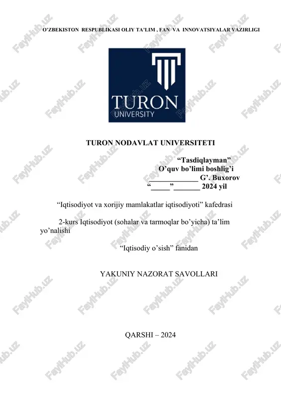 iqtisodiy o'sish fanidan yakuniy nazorat savollari — DOCX