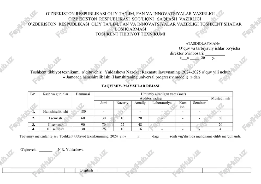 taqvimiyl mavzular rejasi — DOCX