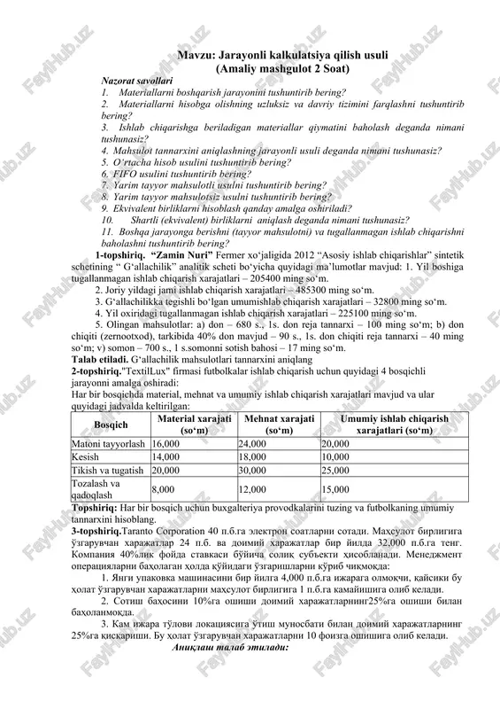 jarayonli kalkulatsiya qilish usuli — DOCX