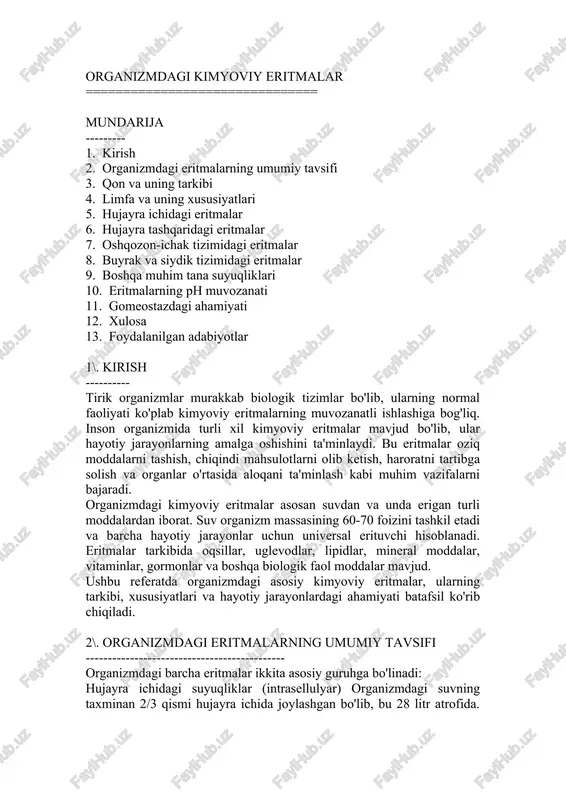organizmdagi kimyoviy eritmalar — DOCX