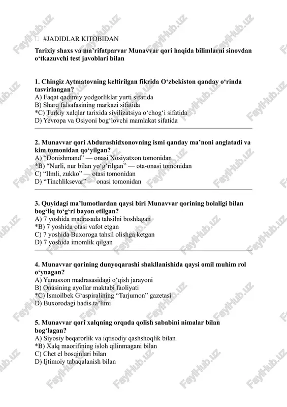 jadidlar kitobidan test . munavvar qori abdurashidxonov — DOCX