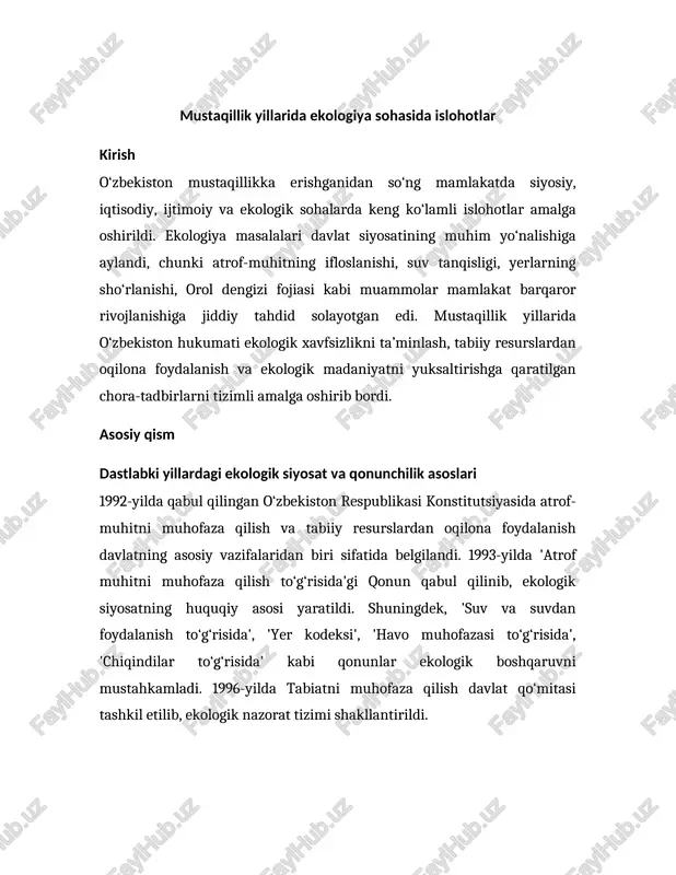 ekologiya sohasida islohotlar — DOCX