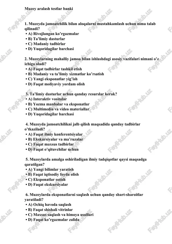 muzey aralash testlar banki — DOCX
