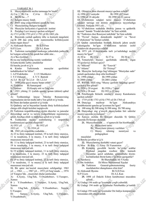 muzeyshunoslik test savollari — DOC