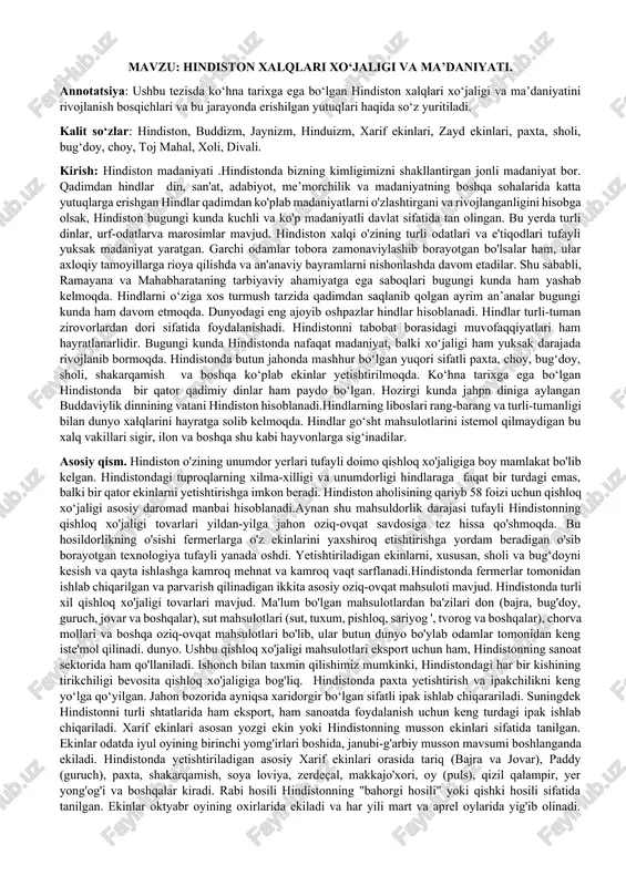 hindiston xalqlari xo‘jaligi va ma’daniyati — DOCX