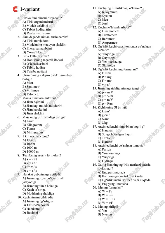 fizika darsi test savollari — DOCX