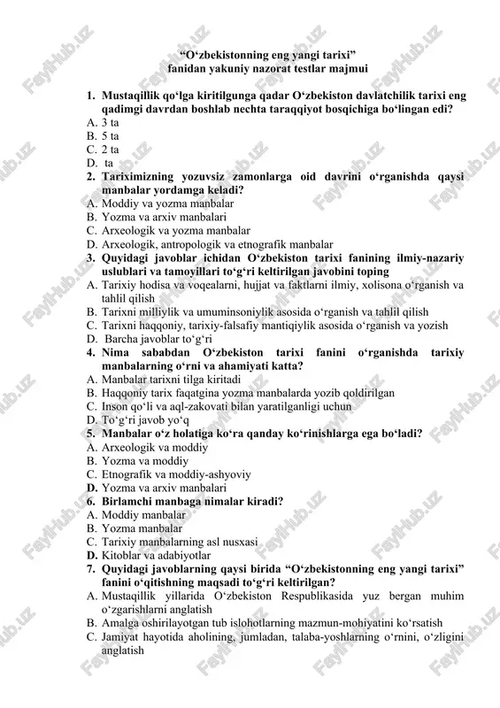 o‘zbekistonning eng yangi tarixi fanidan yakuniy nazorat testlar majmui — DOCX