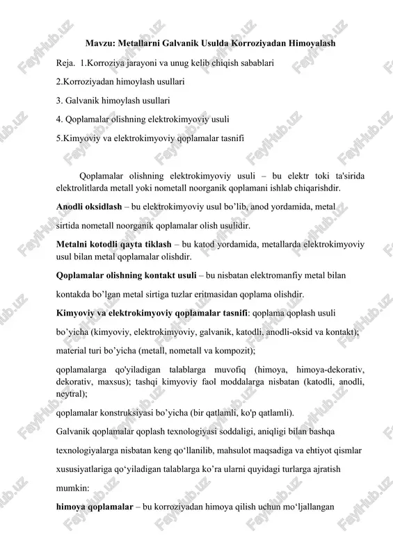 metallarni galvanik usulda korroziyadan himoyalash — DOCX