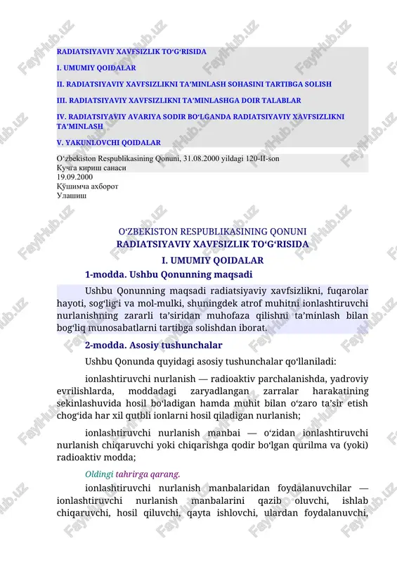 radiatsiyaviy xavfsizlik to‘g‘risida — DOCX