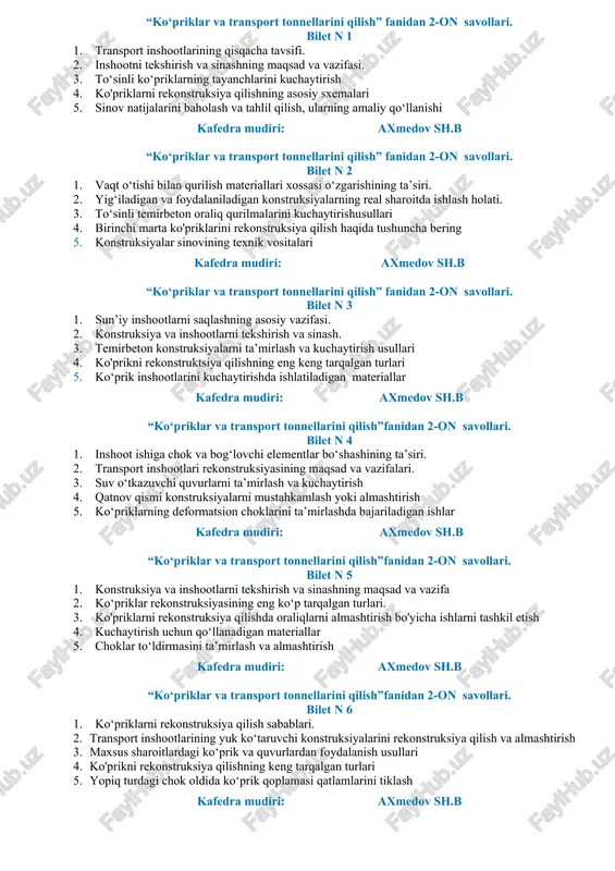 ko‘priklar va transport tonnellarini qilish — DOCX