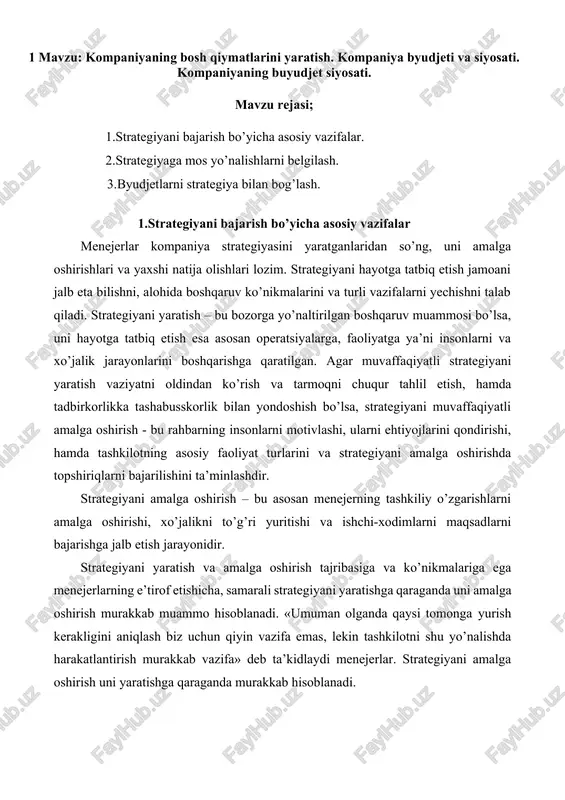 kompaniyaning bosh qiymatlarini yaratish — DOCX