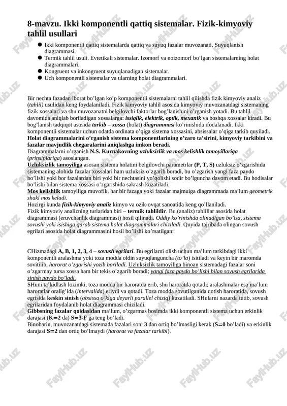 ikki komponentli qattiq sistemalar. fizik-kimyoviy tahlil usullari — DOC