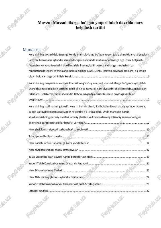 maxsulotlarga bo'lgan yuqori talab davrida narx belgilash tartibi — DOCX