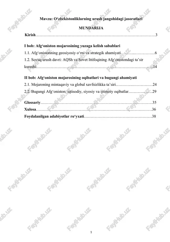 oʻzbekistonliklarning urush jangohidagi jasoratlari — DOCX