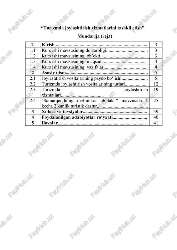 turizmda joylashtirish xizmatlarini tashkil etish — DOCX