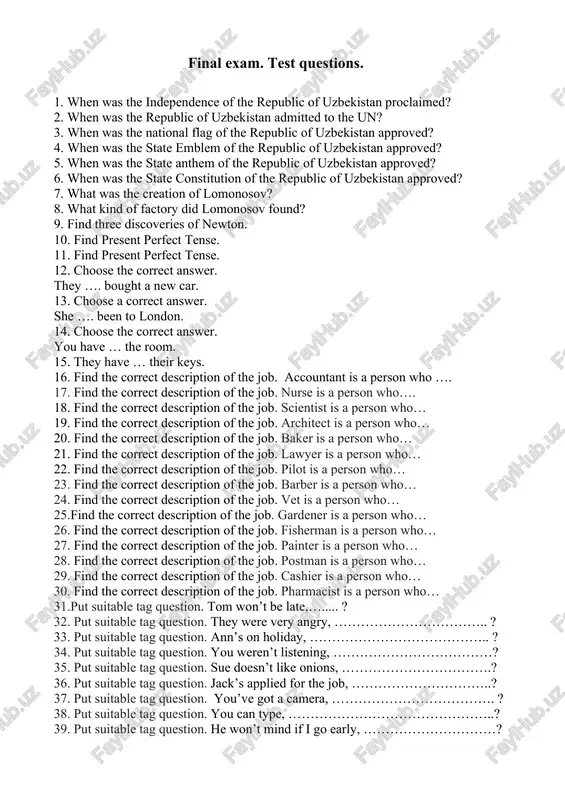 final exam. test questions. — DOCX