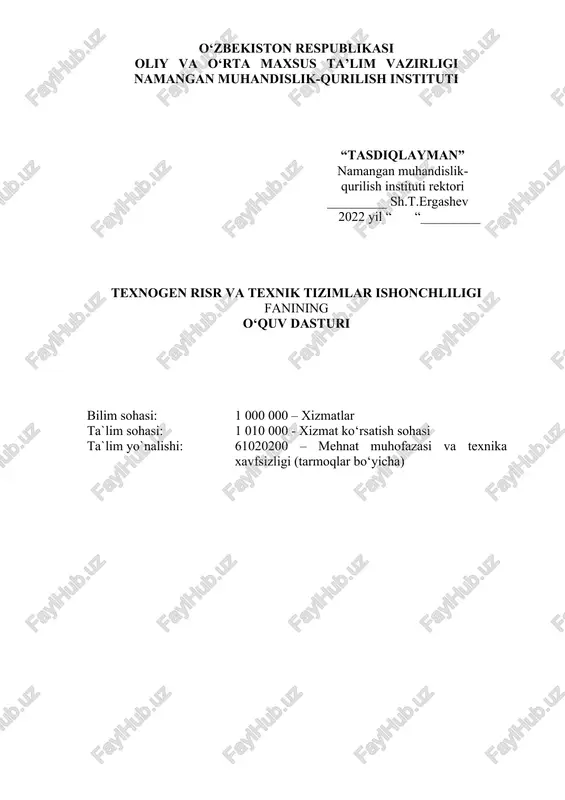 texnogen risr va texnik tizimlar ishonchliligi — DOC