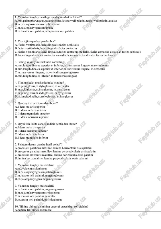 mushaklar anatomiyasi test savollari — DOCX