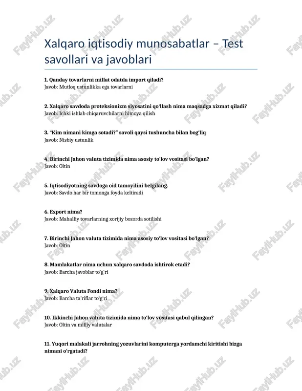 xalqaro iqtisodiy munosabatlar – test savollari va javoblari — DOCX