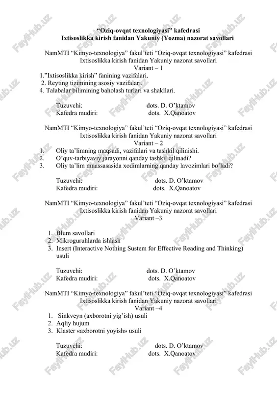 ixtisoslikka kirish fanidan yakuniy (yozma) nazorat savollari — DOCX