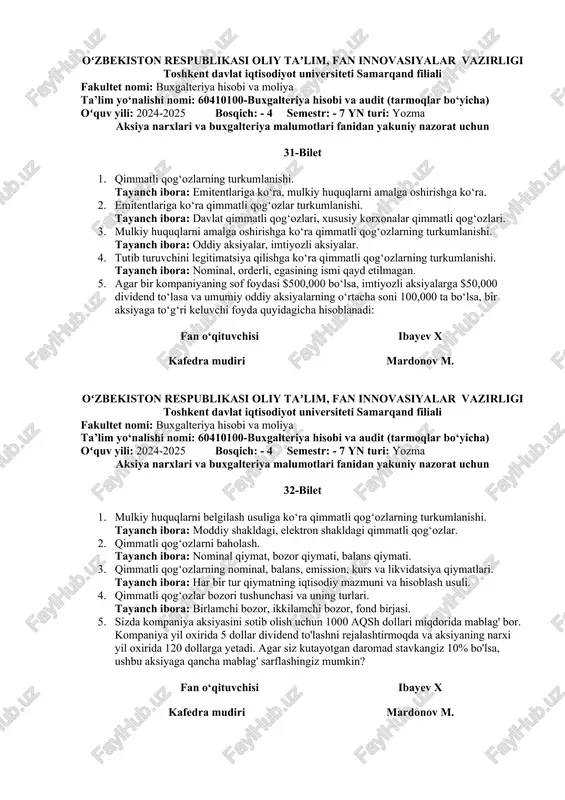 qimmatli qog‘ozlarning turkumlanishi — DOCX