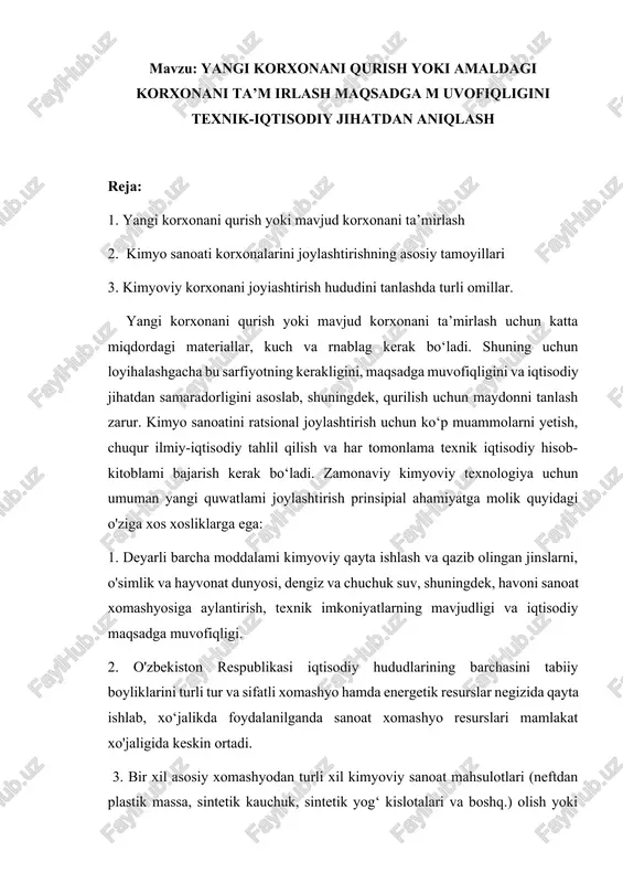 kimyo sanoati korxonalarini joylashtirish — DOCX