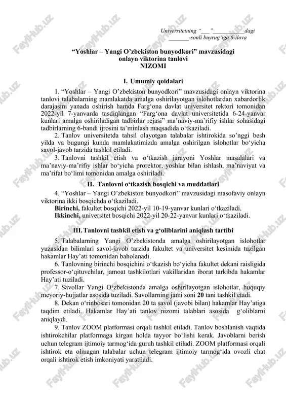 "yoshlar – yangi o’zbekiston bunyodkori" onlayn viktorina tanlovi — DOCX