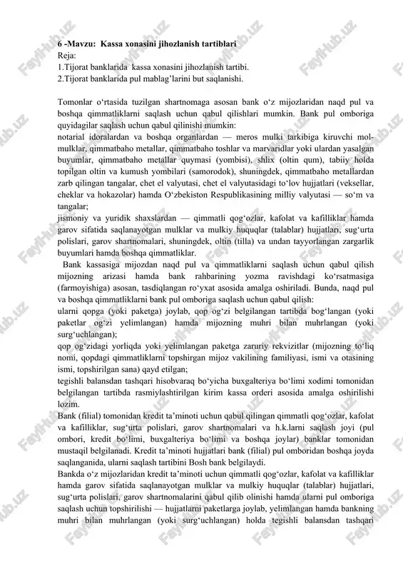 kassa xonasini jihozlanish tartibi — DOCX