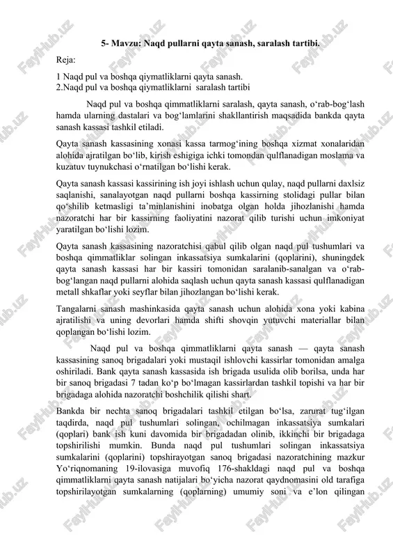naqd pullarni qayta sanash, saralash tartibi — DOCX
