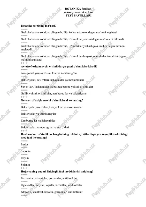 botanika fanidan yakuniy nazorat uchun test savollari — DOCX