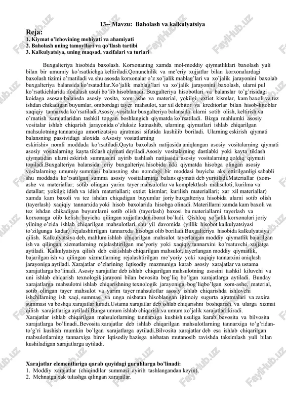 baholash va kalkulyatsiya — DOCX