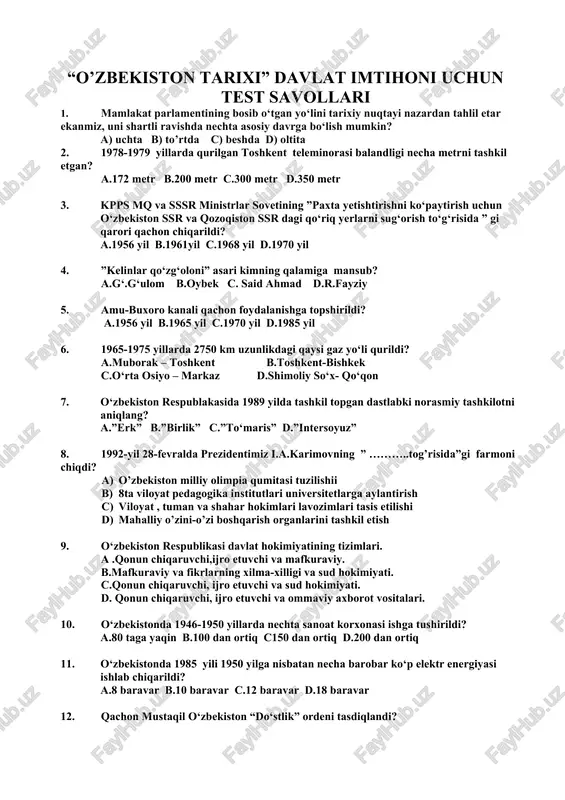 o'zbekiston tarixi davlat imtihoni uchun test savollari — DOCX