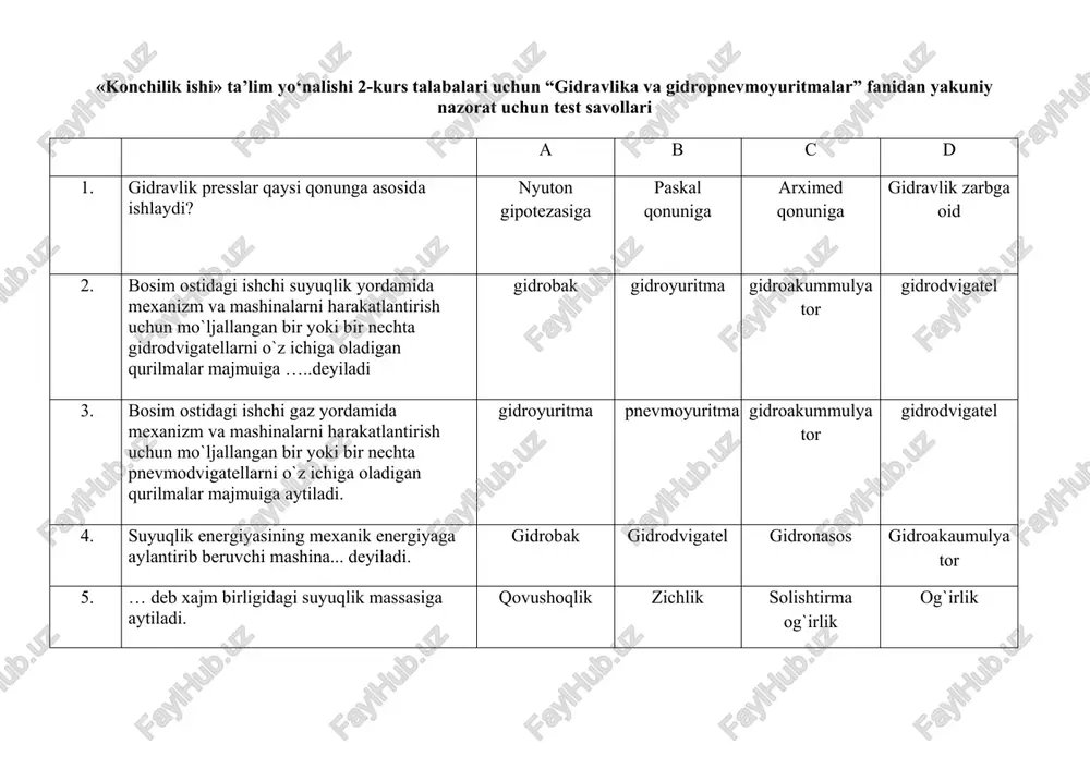 "gidravlika va gidropnevmoyuritmalar" test savollari — DOC